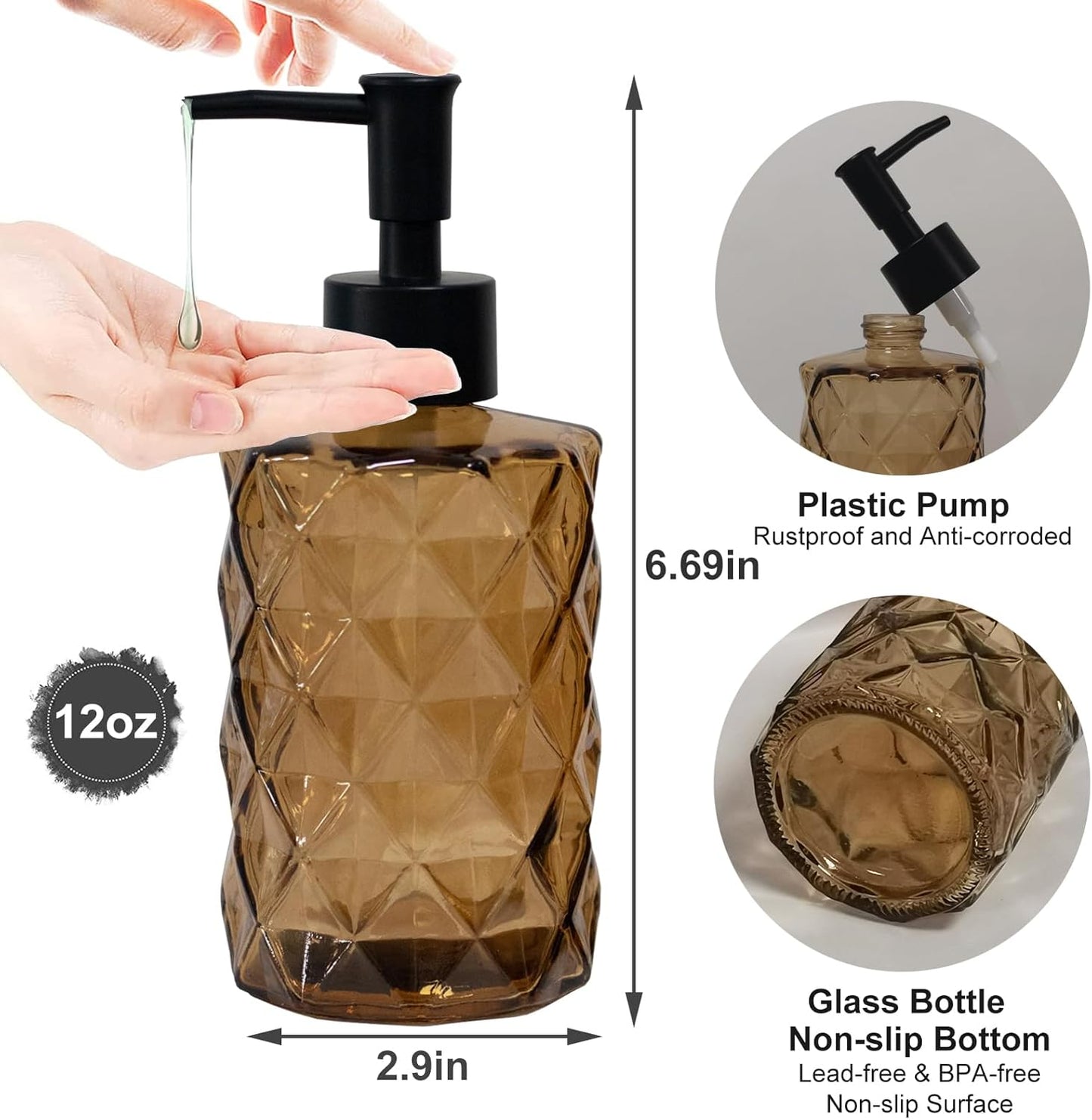 Dluxe Ave. Brown Bathroom Soap Dispenser with Black Plastic Pump 12oz Glass Lotion Dispenser Crystal Hand Soap Dispenser