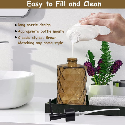 Dluxe Ave. Brown Bathroom Soap Dispenser with Black Plastic Pump 12oz Glass Lotion Dispenser Crystal Hand Soap Dispenser
