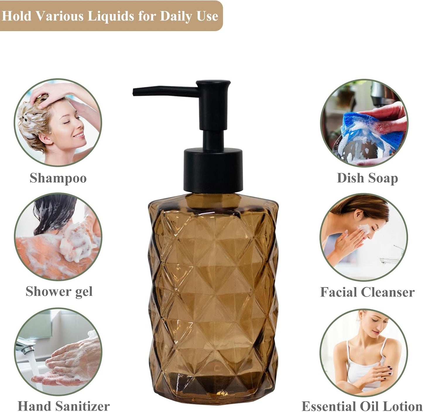 Dluxe Ave. Brown Bathroom Soap Dispenser with Black Plastic Pump 12oz Glass Lotion Dispenser Crystal Hand Soap Dispenser
