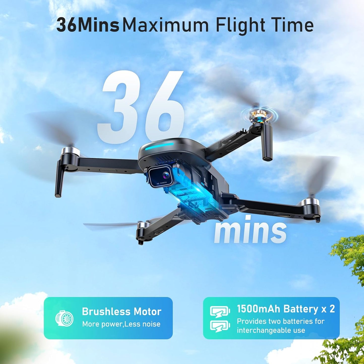 Dluxe Ave. Drone with Camera 1080P HD/ FPV Camera Drone with Brushless Motor/  36 Mins Long Flight