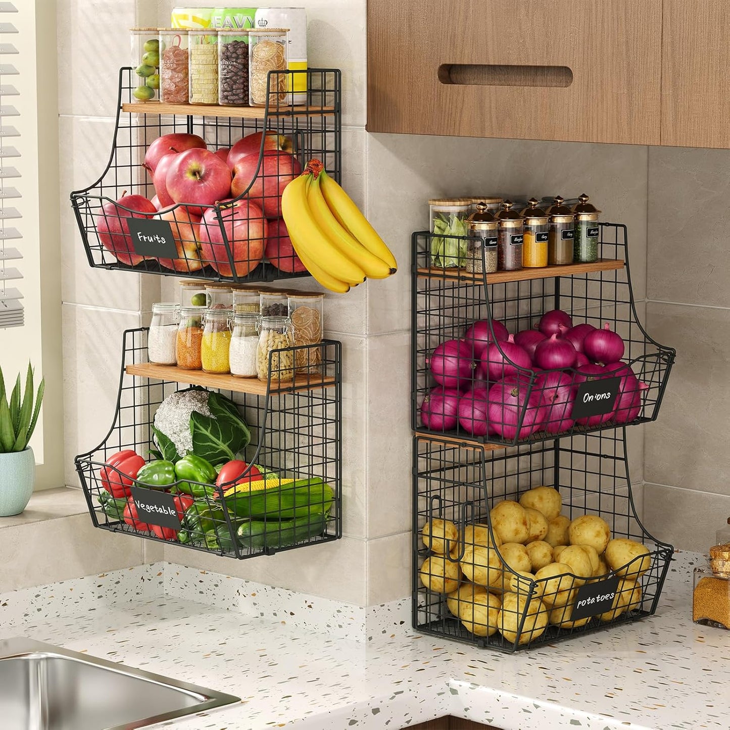 Dluxe ave. Fruit Basket for Kitchen with Lid/ Counter&Wall Mounted Hanging Basket/4 Pack(small and large)