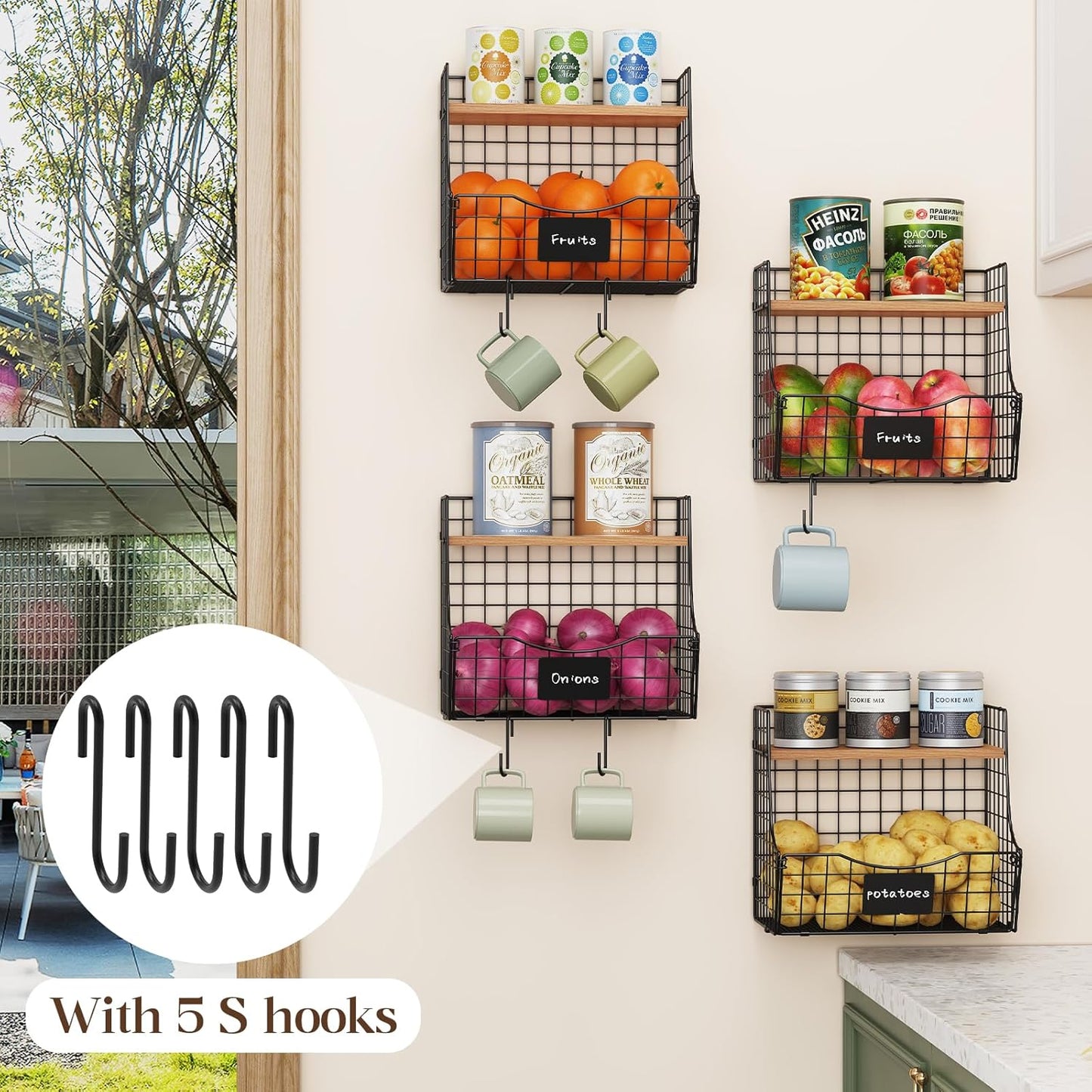 Dluxe ave. Fruit Basket for Kitchen with Lid/ Counter&Wall Mounted Hanging Basket/4 Pack(small and large)