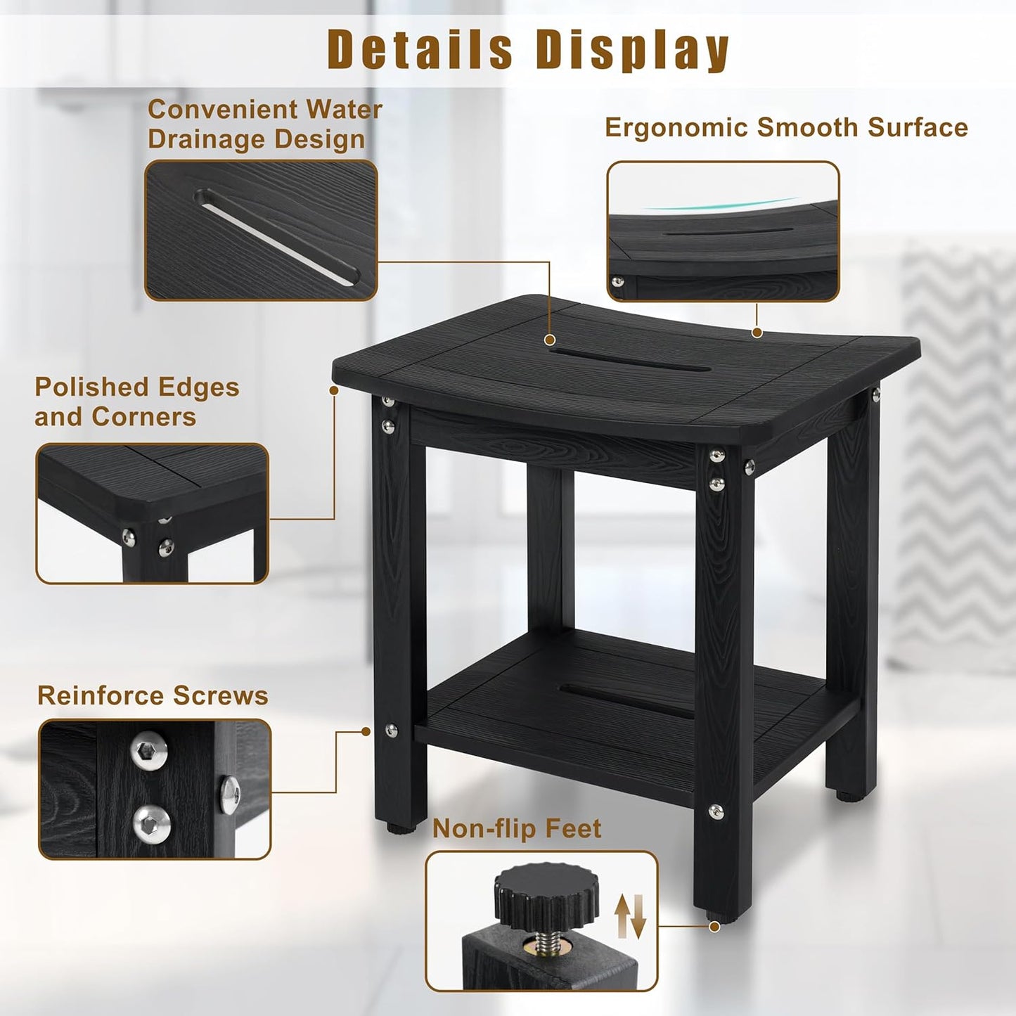 Dluxe Ave. Shower Bench for Inside Shower, (Black)