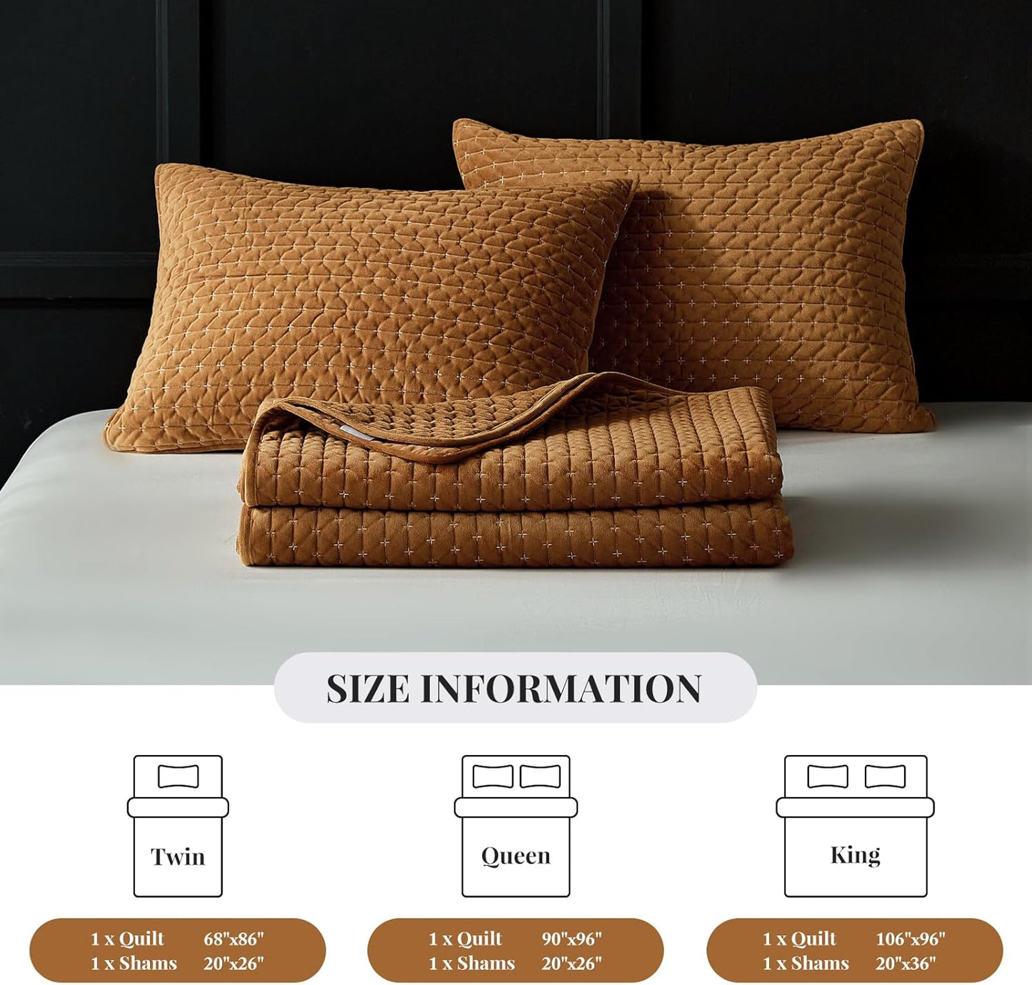 Dluxe Ave. ( QUEEN ) 3 Pcs Luxury Velvet Quilt Set, for All Season, Gold Caramel