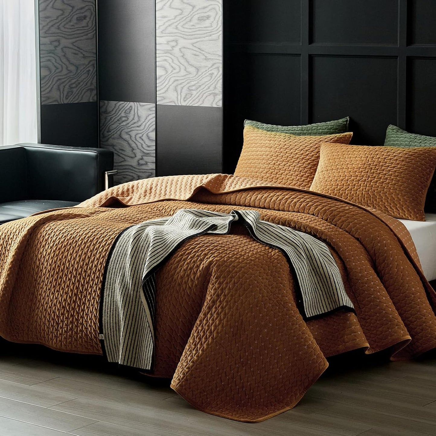 Dluxe Ave. ( QUEEN ) 3 Pcs Luxury Velvet Quilt Set, for All Season, Gold Caramel