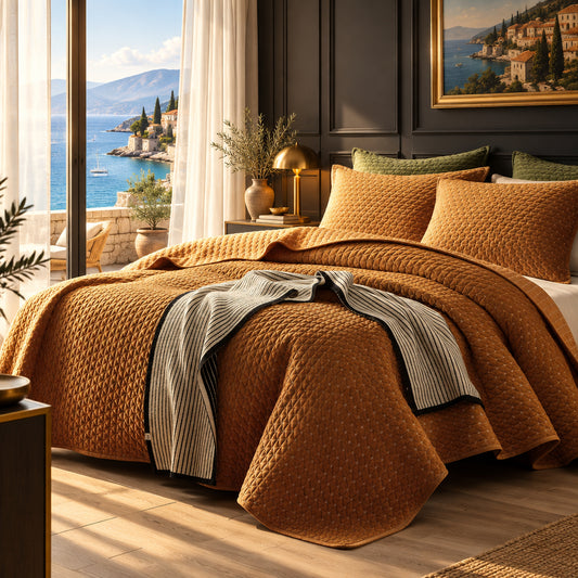 Dluxe Ave. (QUEEN) 3 Pcs Luxury Velvet Quilt Set, Gold Caramel