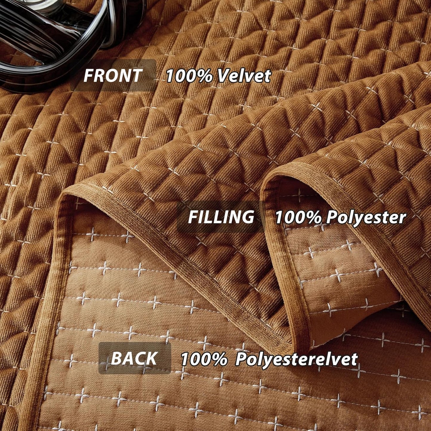 Dluxe Ave. ( QUEEN ) 3 Pcs Luxury Velvet Quilt Set, for All Season, Gold Caramel