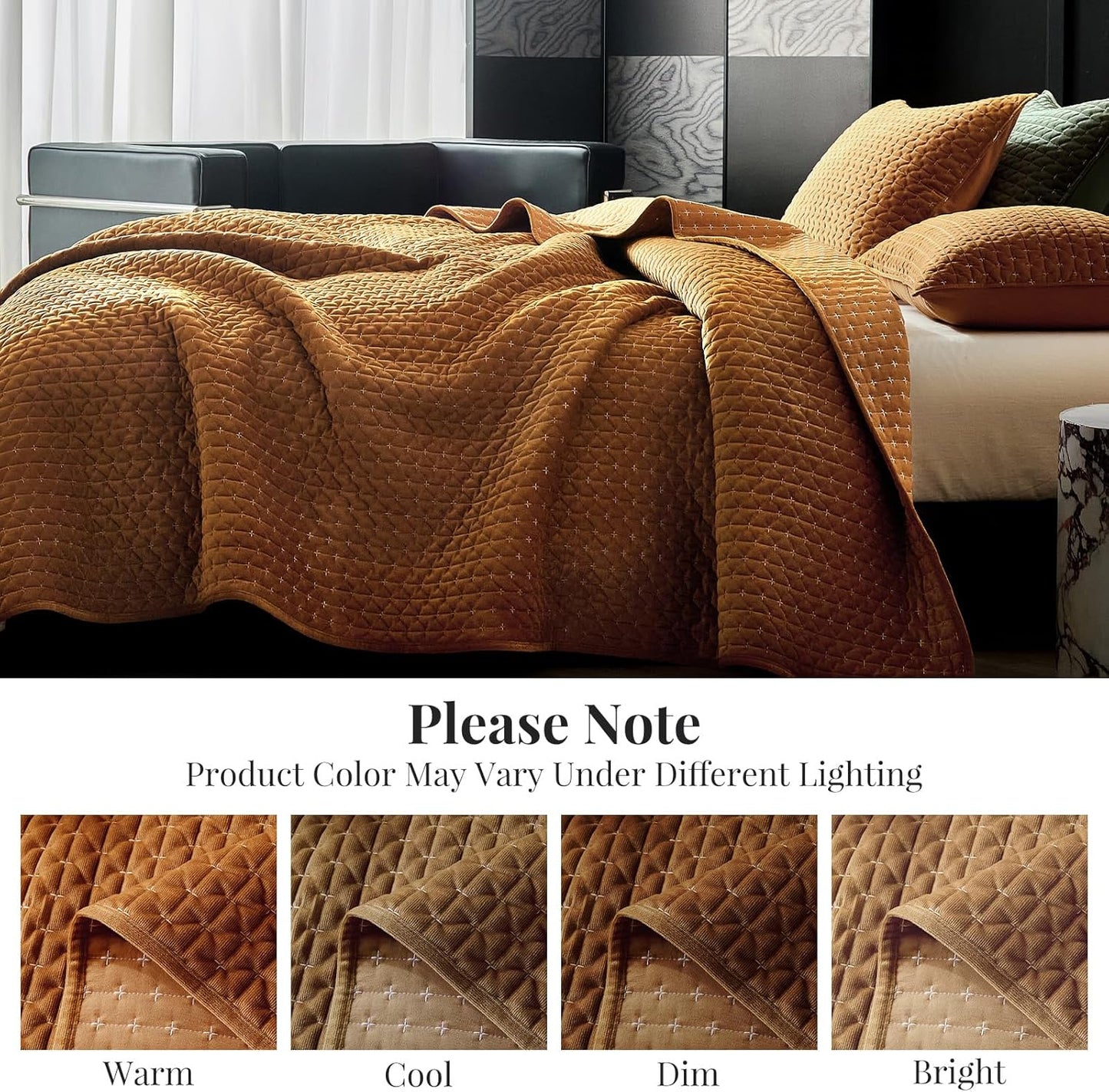 Dluxe Ave. ( QUEEN ) 3 Pcs Luxury Velvet Quilt Set, for All Season, Gold Caramel