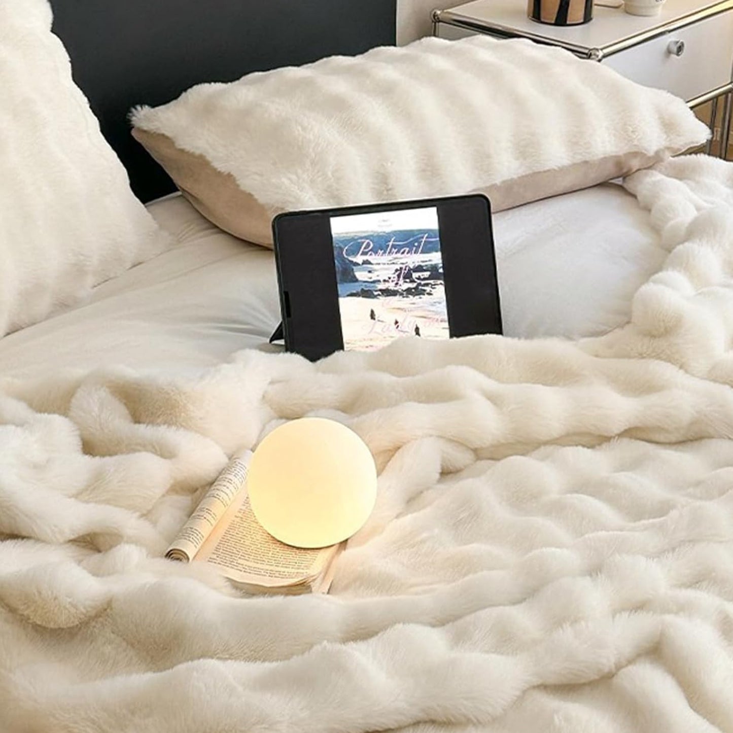 Dluxe Ave. (TWIN ) Luxury Thick Plush Faux Rabbit Fur Throw Blanket/ Ultra-Plush Cozy Soft/ ( Beige)60"x80