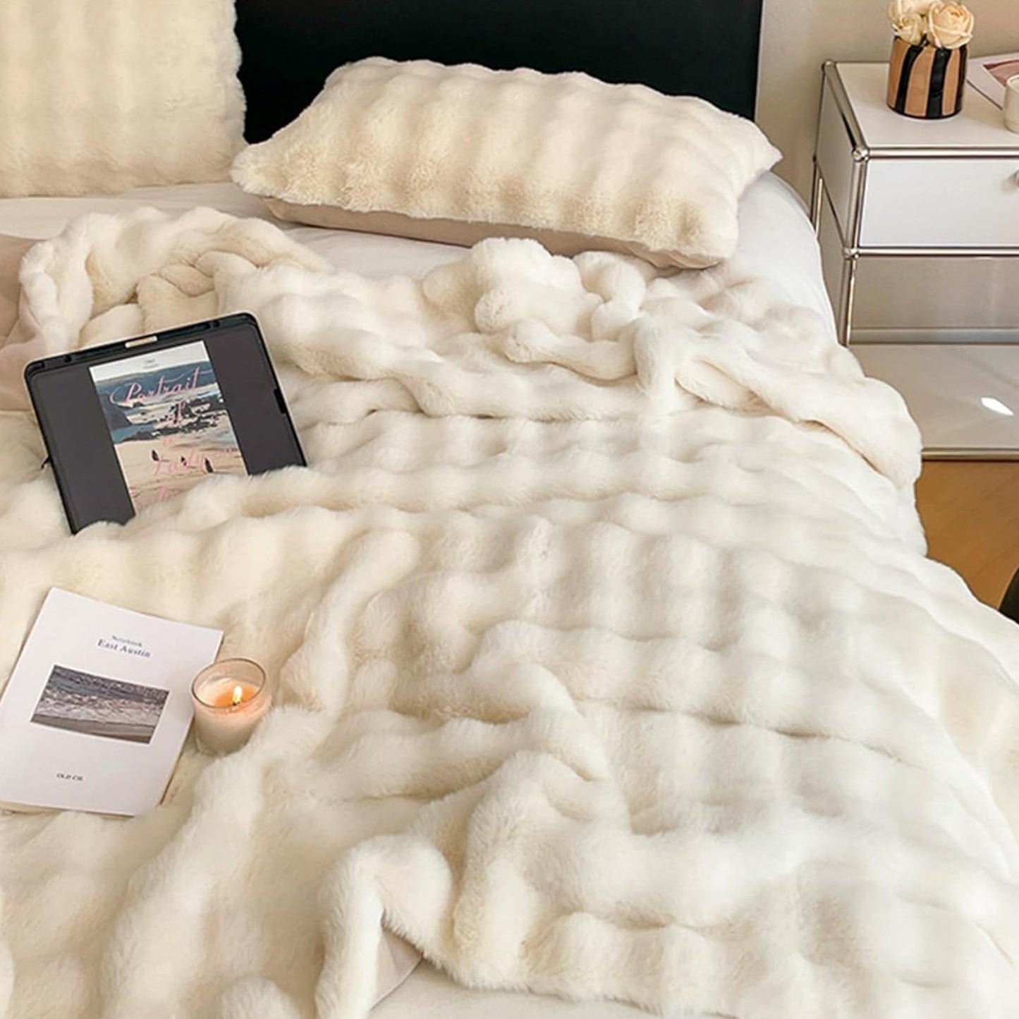 Dluxe Ave. (TWIN ) Luxury Thick Plush Faux Rabbit Fur Throw Blanket/ Ultra-Plush Cozy Soft/ ( Beige)60"x80