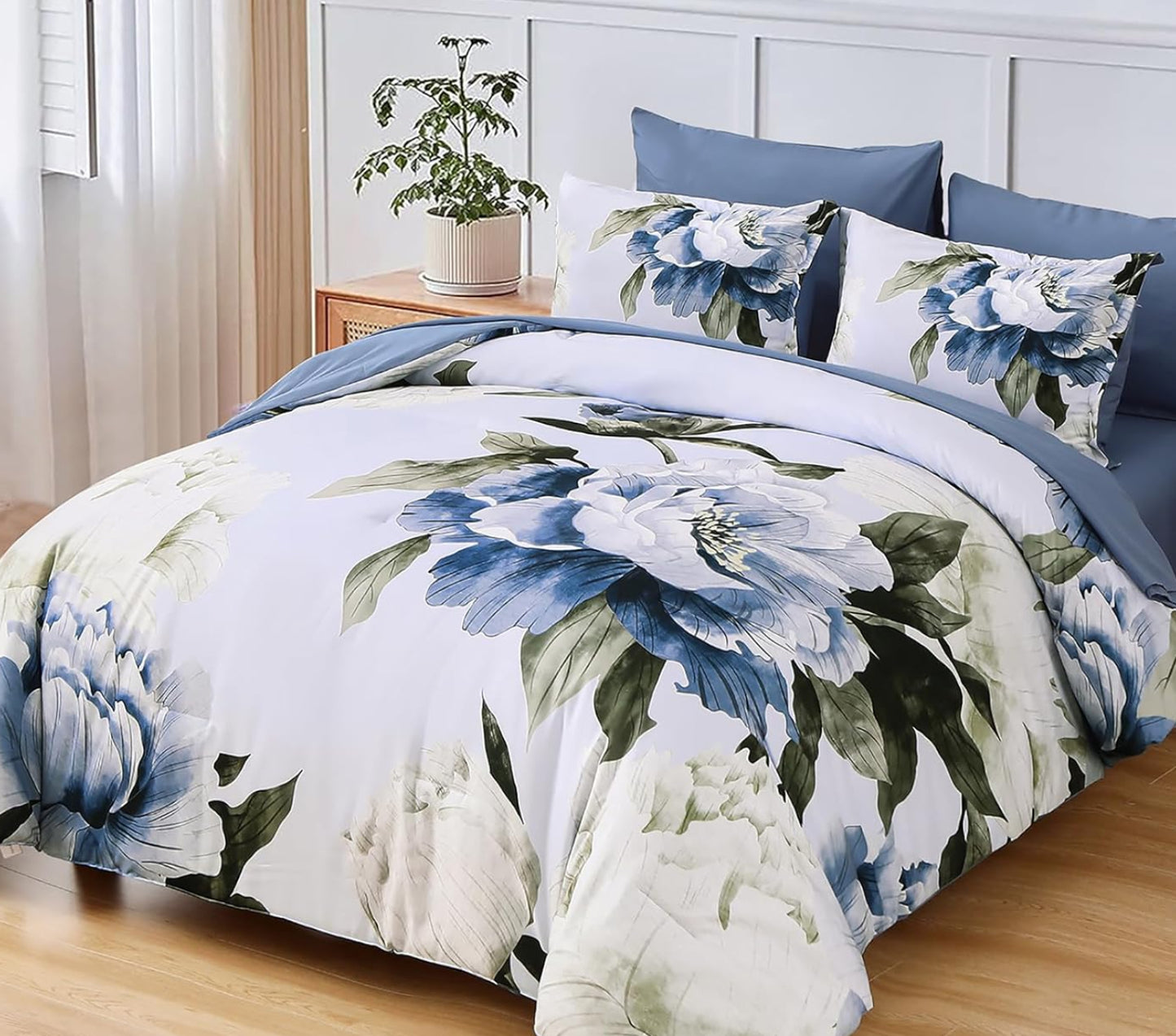 Dluxe Ave. ( FULL) 7 Piece Comforter Set with Sheets, for All Season/ Blue Floral