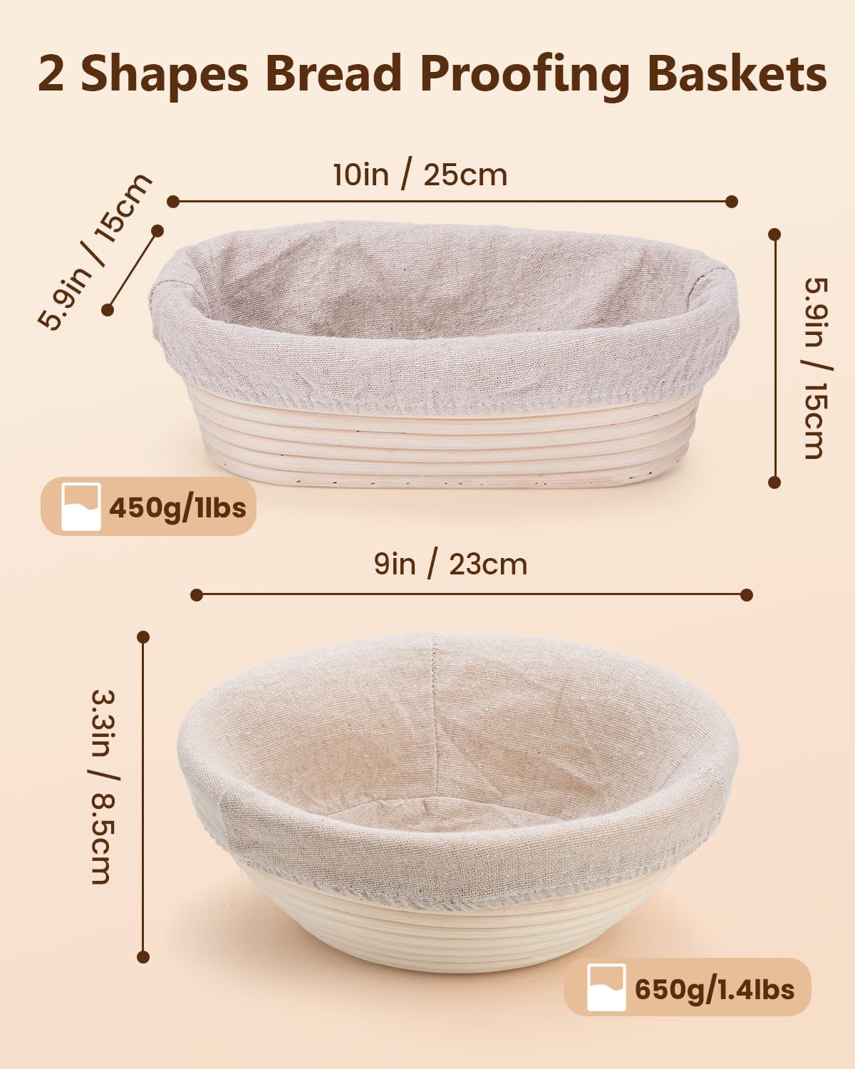 Dluxe Ave. Bread Proofing Basket Set 9 Inch Round and 10 Inch Oval