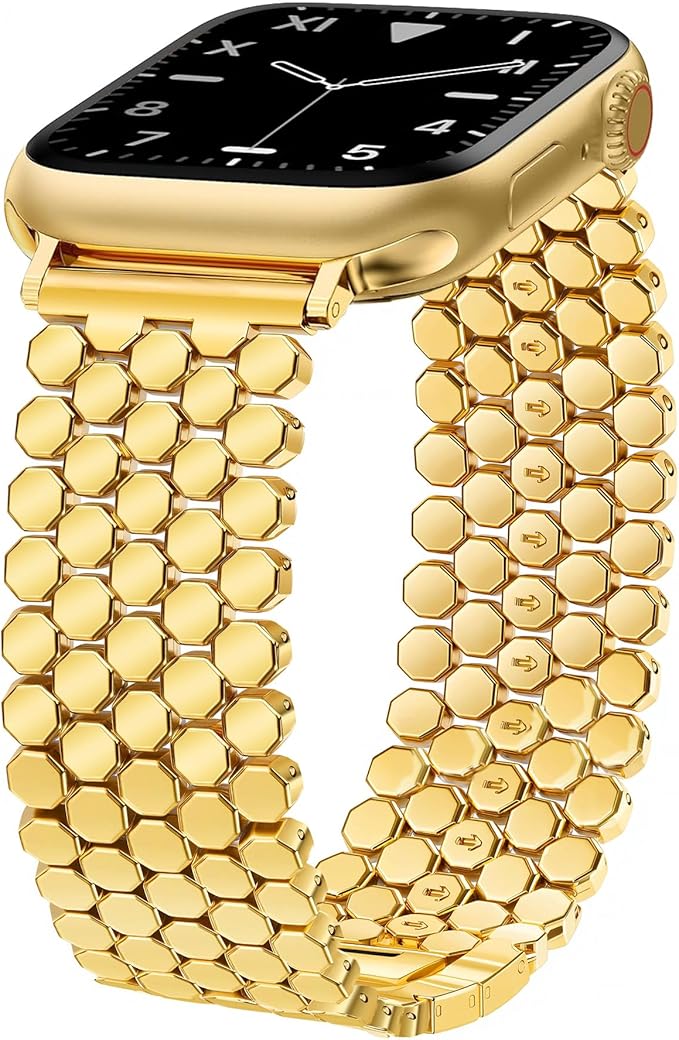 Dluxe Ave. JR.DM Honeycomb Bands Compatible with Apple Watch 38mm 40mm 41mm 42mm 44mm 45mm 46mm for Women,  Gold  Luxury Designer Metal Strap Replacement
