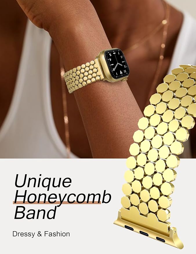 Dluxe Ave. JR.DM Honeycomb Bands Compatible with Apple Watch 38mm 40mm 41mm 42mm 44mm 45mm 46mm for Women,  Gold  Luxury Designer Metal Strap Replacement