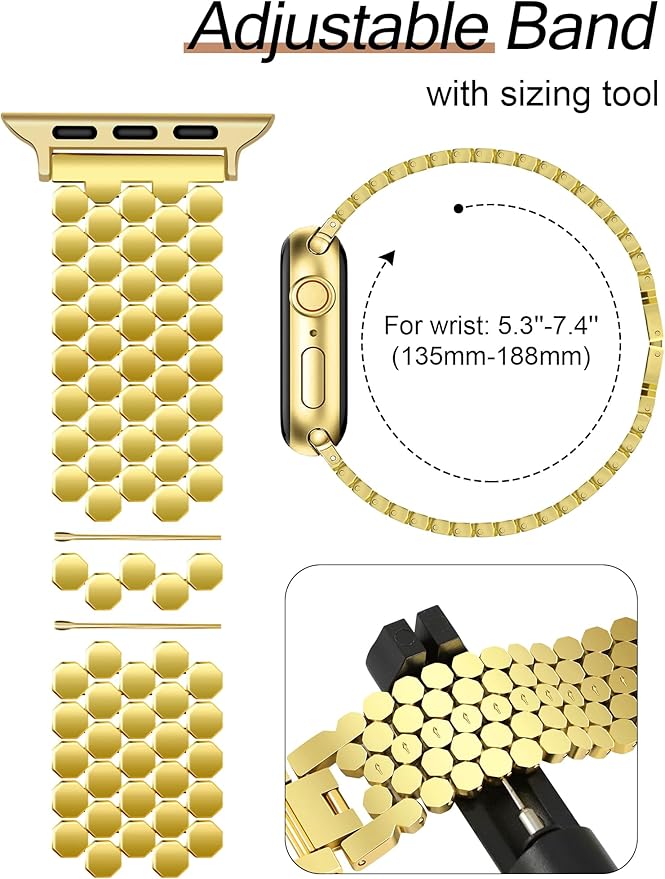 Dluxe Ave. JR.DM Honeycomb Bands Compatible with Apple Watch 38mm 40mm 41mm 42mm 44mm 45mm 46mm for Women,  Gold  Luxury Designer Metal Strap Replacement