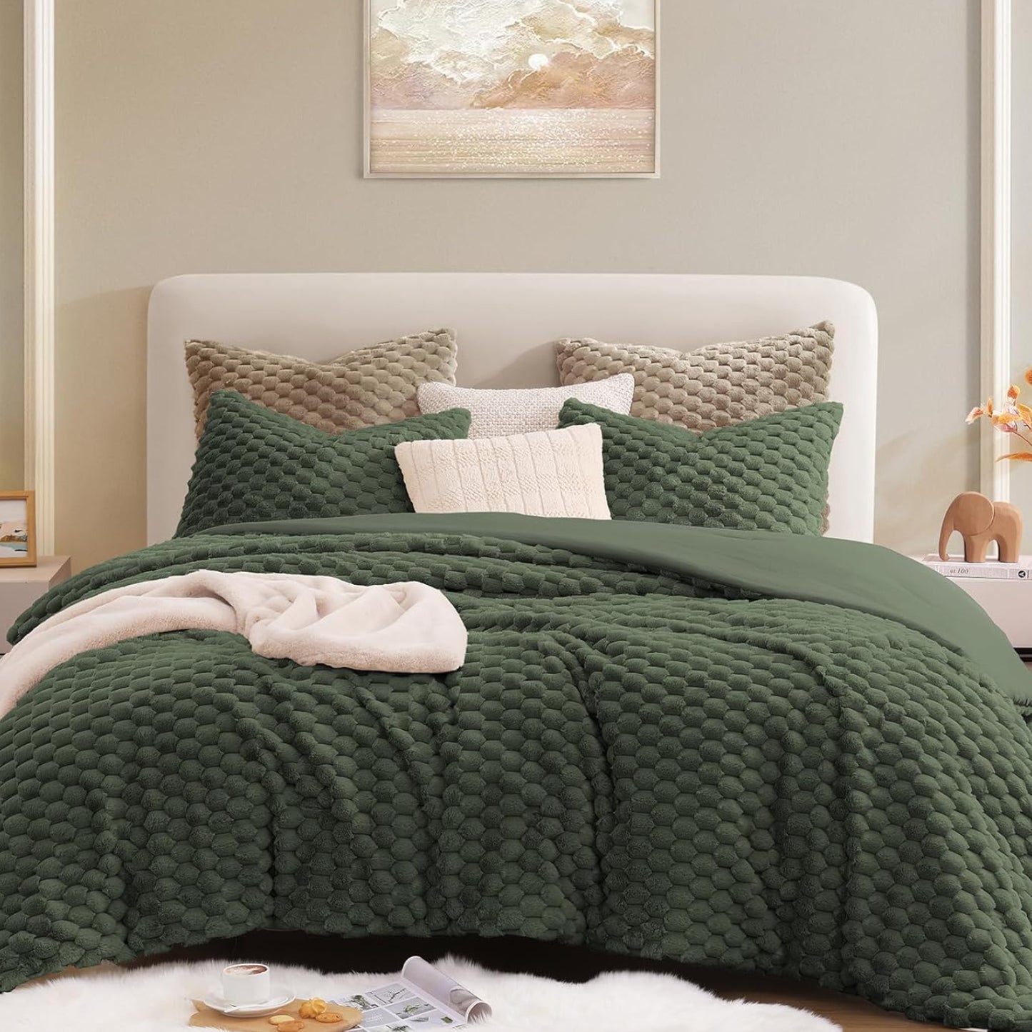 Dluxe Ave. ( KING) 3 Pcs Fluffy Comforter Set, Luxury Rabbit Faux Fur,Thick Plush Bed Comforter, Olive Green