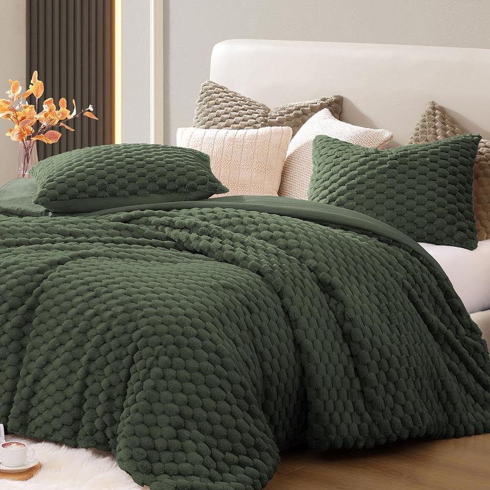 Dluxe Ave. ( KING) 3 Pcs Fluffy Comforter Set, Luxury Rabbit Faux Fur,Thick Plush Bed Comforter, Olive Green