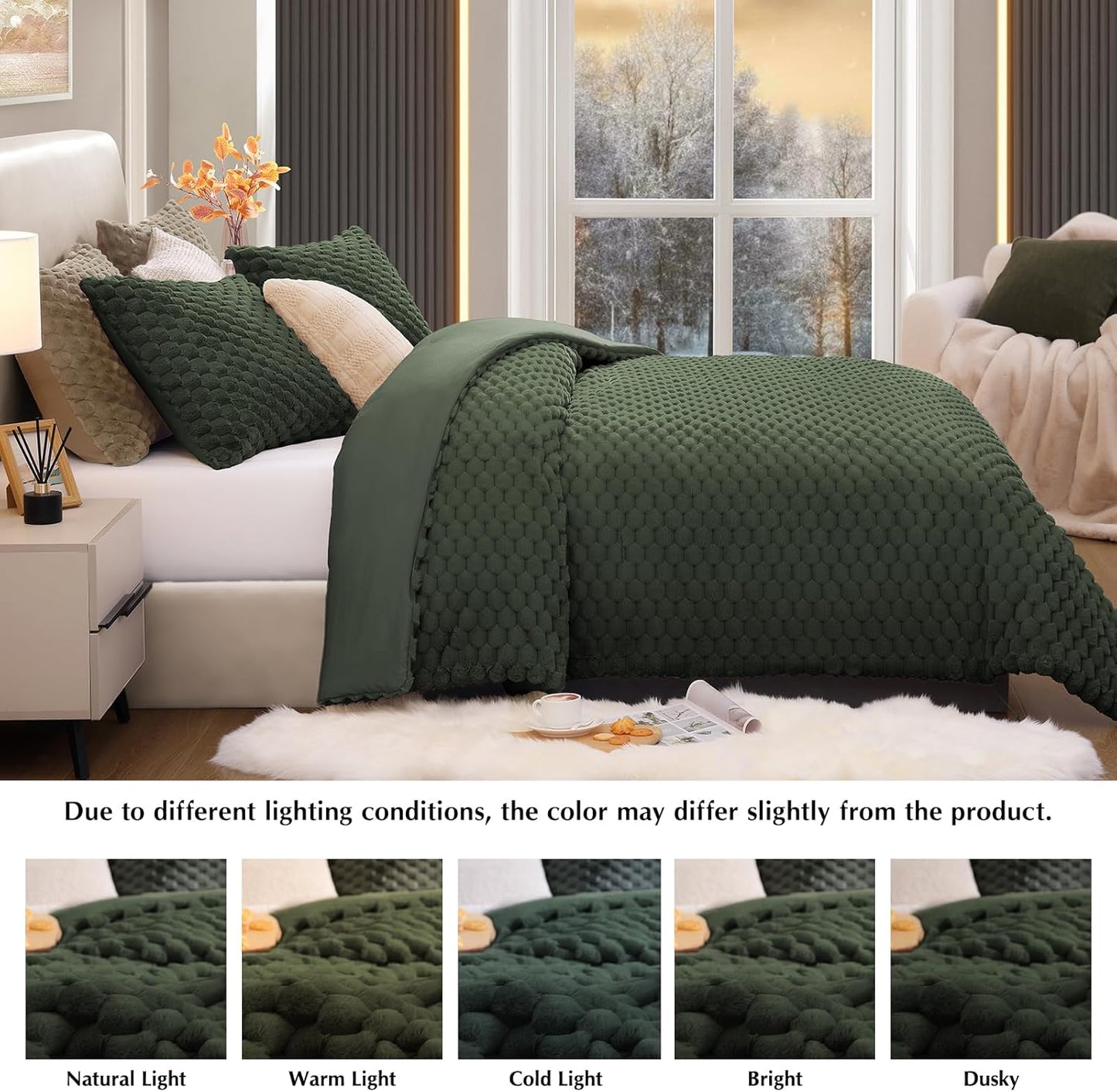 Dluxe Ave. ( KING) 3 Pcs Fluffy Comforter Set, Luxury Rabbit Faux Fur,Thick Plush Bed Comforter, Olive Green