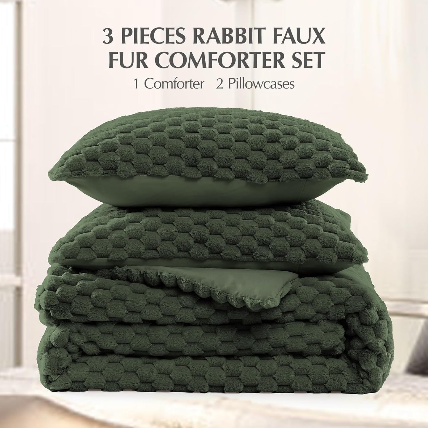 Dluxe Ave. ( KING) 3 Pcs Fluffy Comforter Set, Luxury Rabbit Faux Fur,Thick Plush Bed Comforter, Olive Green