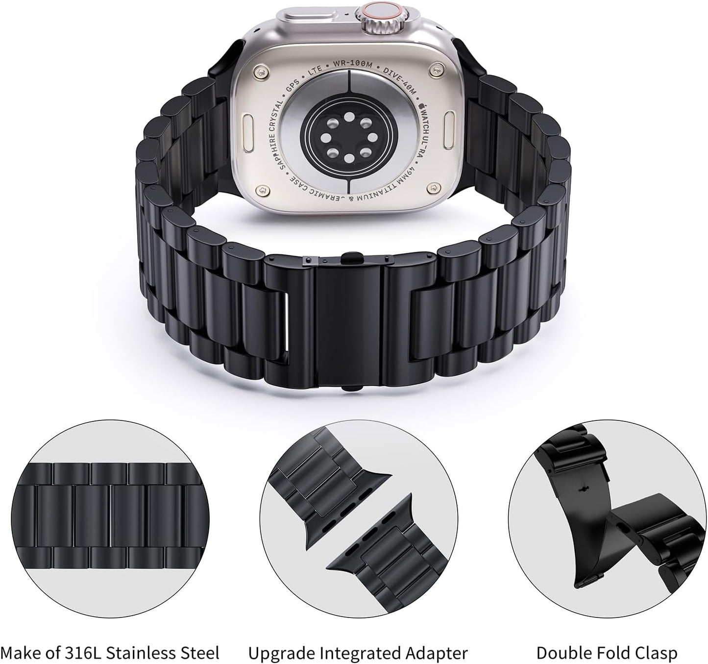 Dluxe Ave. ARTCHE Compatible with Apple Watch Bands Series 10 46mm Ultra 2/Ultra 49mm Series 9/8/7 45mm Series 6/SE/SE2/5/4 44mm Series 3/2/1 42mm Stainless Steel Metal Watch Band for iWatch Strap Black