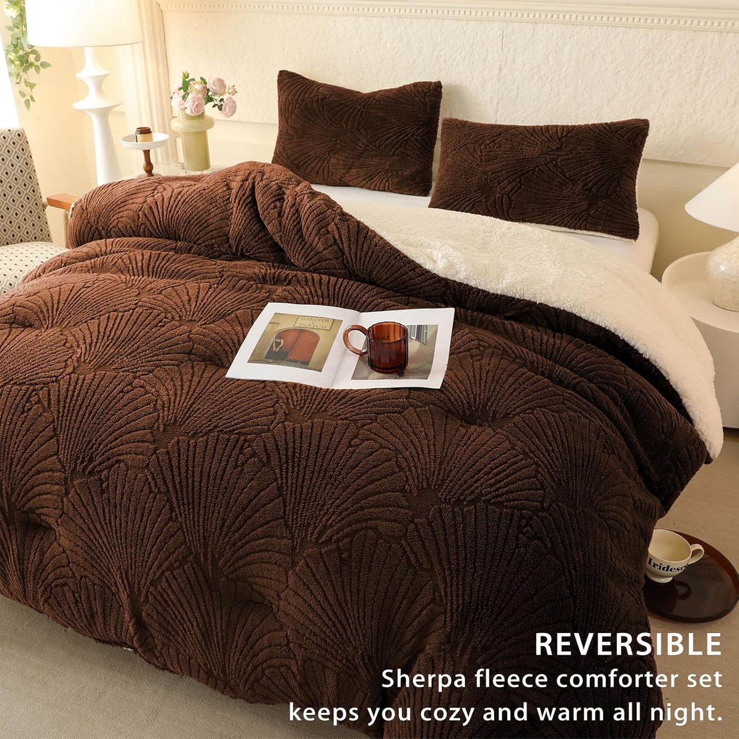 Dluxe Ave. ( KING ) 3 Pcs Seashell Jacquard Sherpa Comforter Set, Warm Cozy Premium Bedding/ Coffee