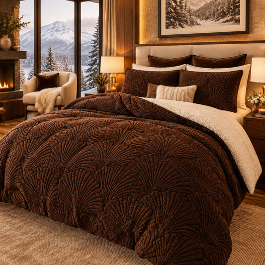 Dluxe Ave. (KING) 3 Pcs Seashell Jacquard Sherpa Comforter Set/ Coffee