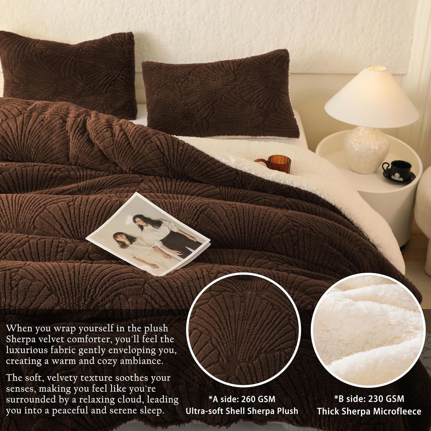 Dluxe Ave. ( KING ) 3 Pcs Seashell Jacquard Sherpa Comforter Set, Warm Cozy Premium Bedding/ Coffee