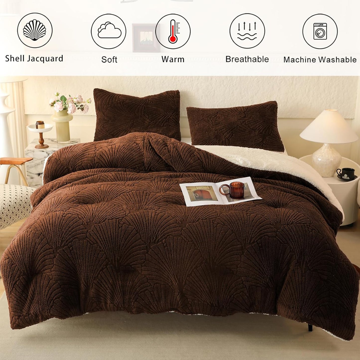 Dluxe Ave. ( KING ) 3 Pcs Seashell Jacquard Sherpa Comforter Set, Warm Cozy Premium Bedding/ Coffee