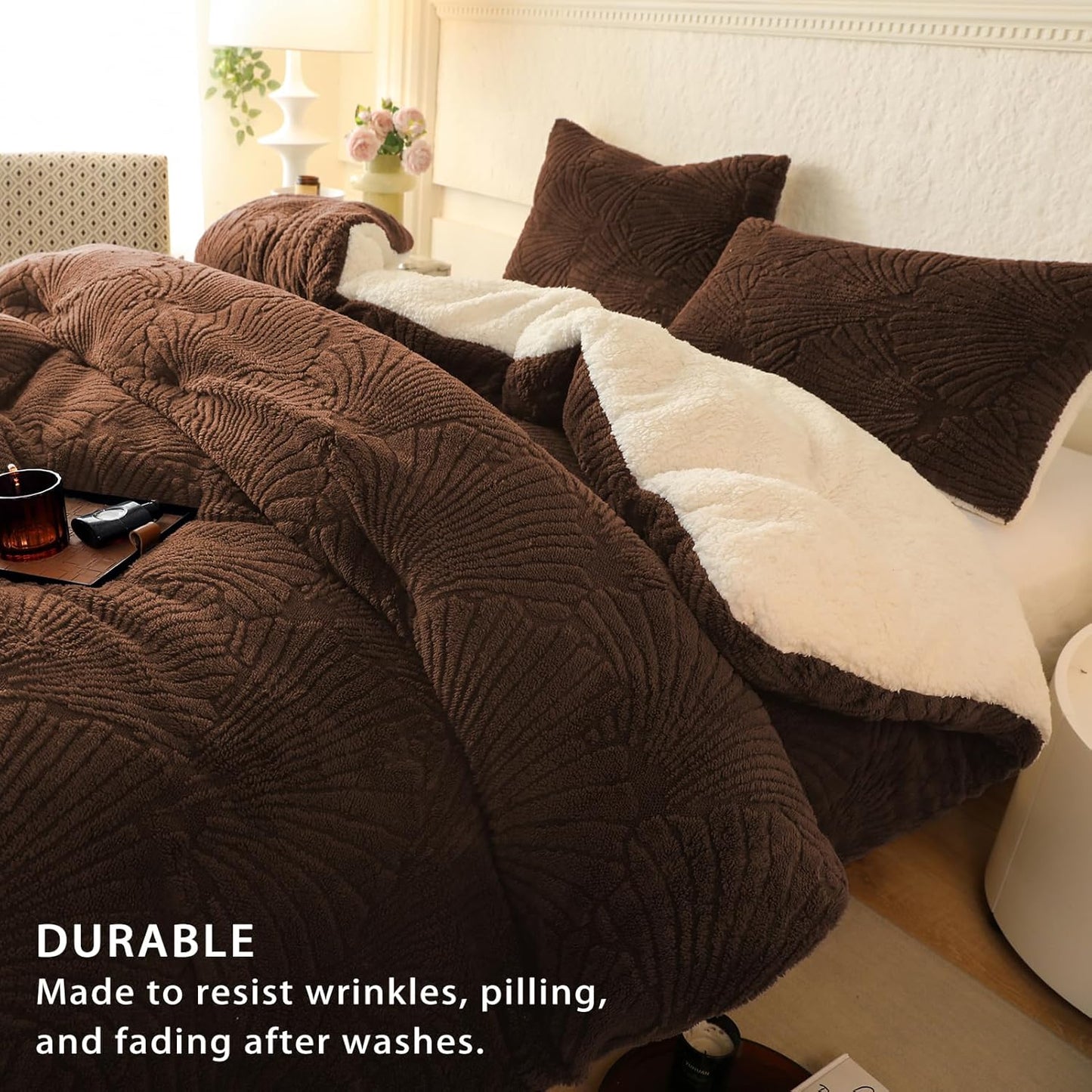 Dluxe Ave. ( KING ) 3 Pcs Seashell Jacquard Sherpa Comforter Set, Warm Cozy Premium Bedding/ Coffee