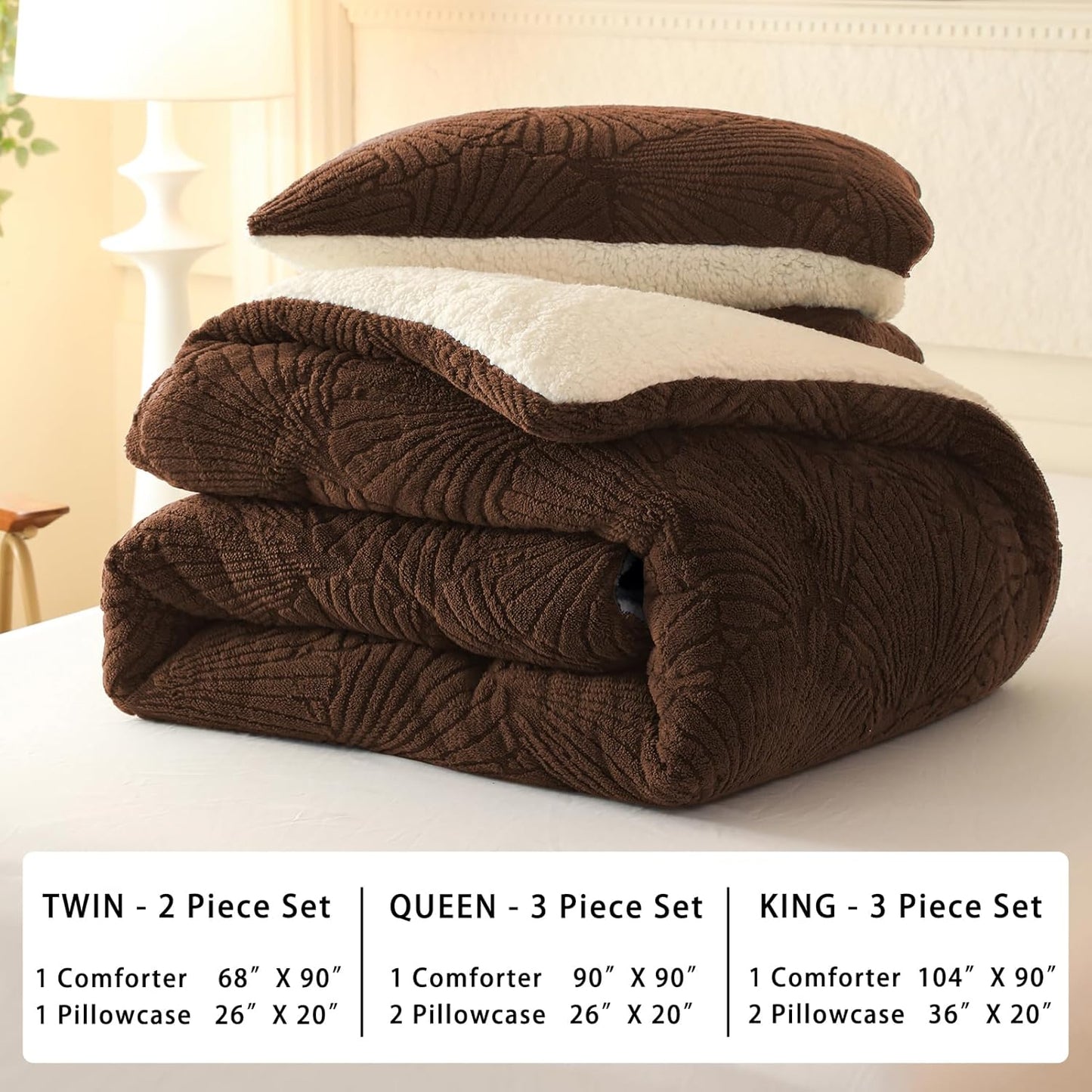 Dluxe Ave. ( KING ) 3 Pcs Seashell Jacquard Sherpa Comforter Set, Warm Cozy Premium Bedding/ Coffee