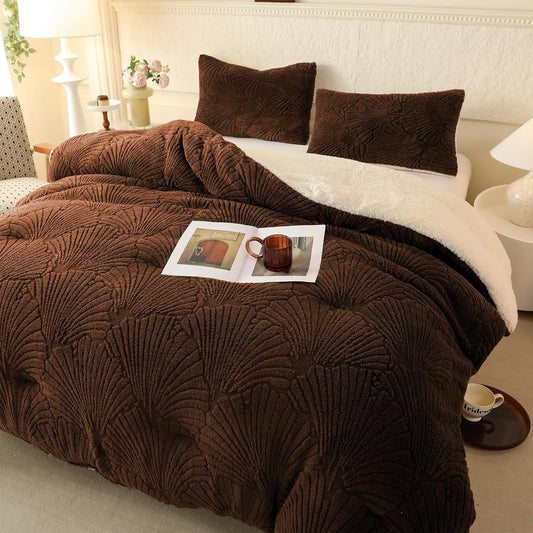 Dluxe Ave. ( KING ) 3 Pcs Seashell Jacquard Sherpa Comforter Set, Warm Cozy Premium Bedding/ Coffee