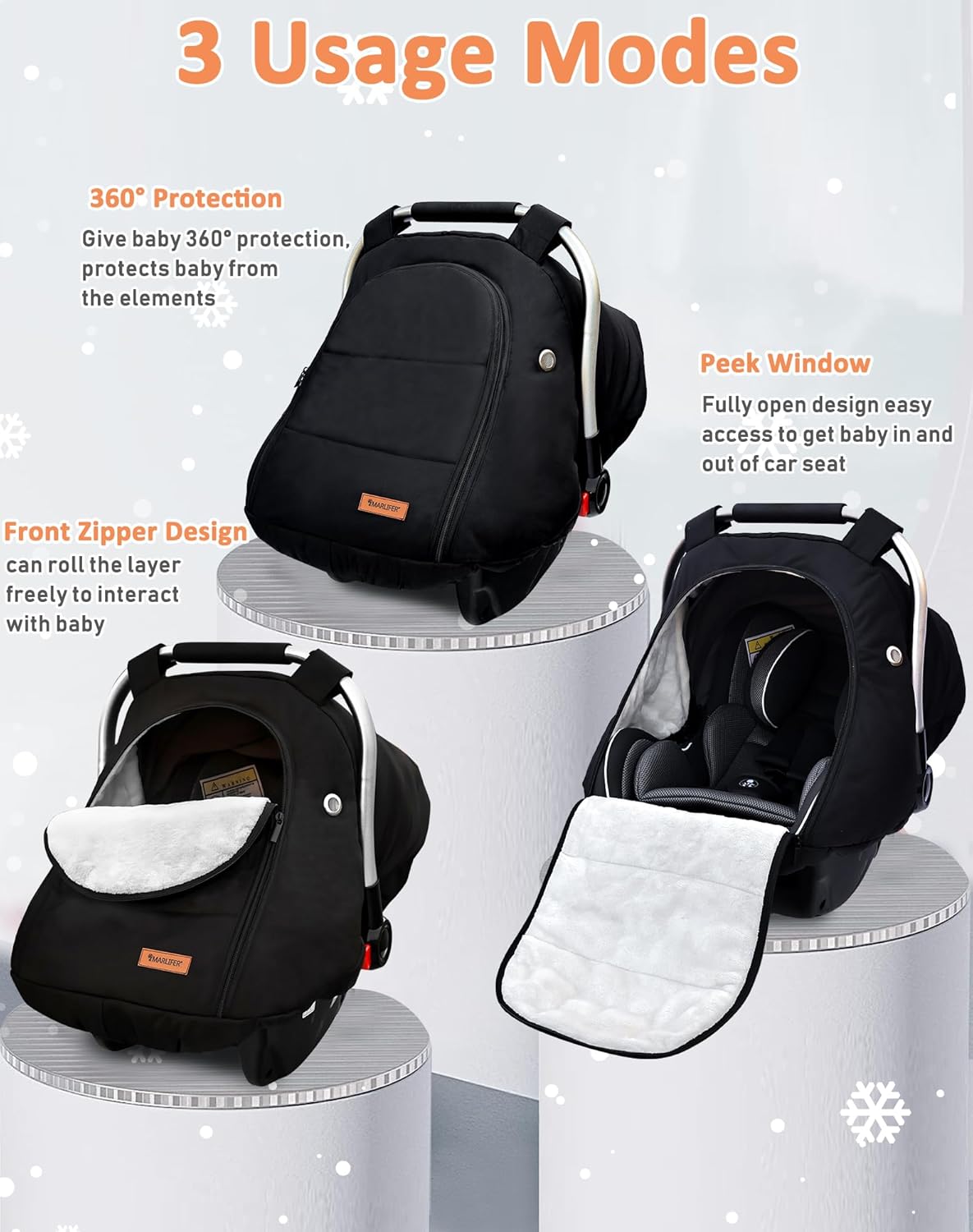 Dluxe Ave. Waterproof Winter Baby Car Seat Cover Carseat Cover Boys Cozy & Warm Cover Infant Car Seat Canopy Universal Cold Weather Shield Black
