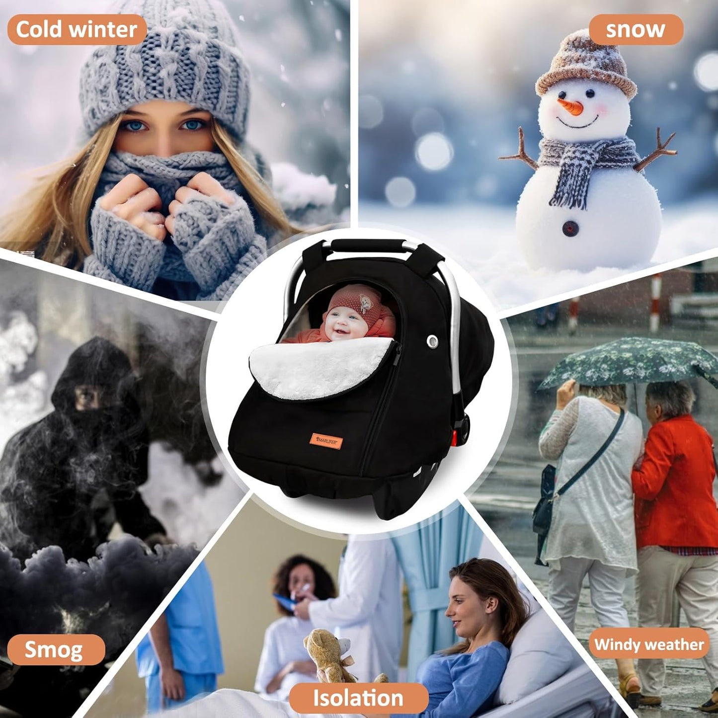 Dluxe Ave. Waterproof Winter Baby Car Seat Cover Carseat Cover Boys Cozy & Warm Cover Infant Car Seat Canopy Universal Cold Weather Shield Black