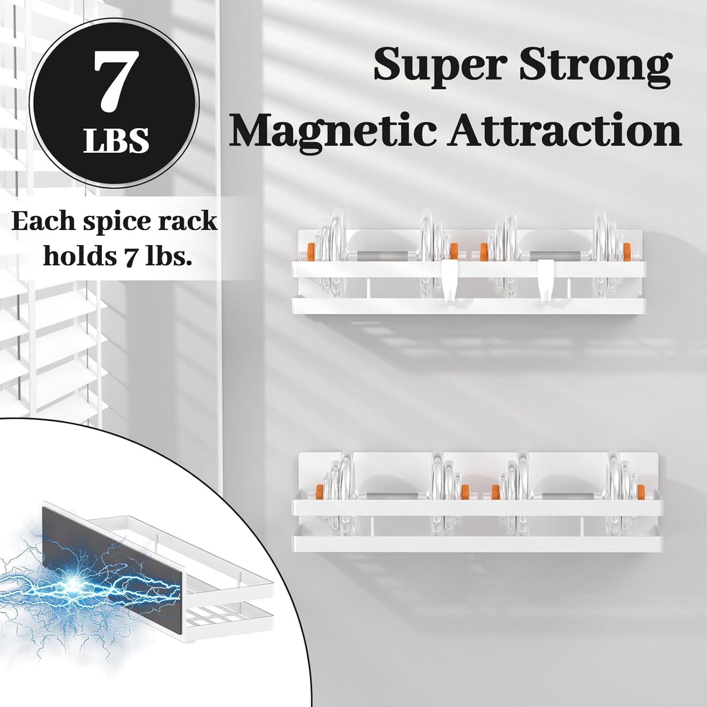 Dluxe Ave. Magnetic Spice Rack for Refrigerator/ 2 Pack / White with 8 Moveable Hooks