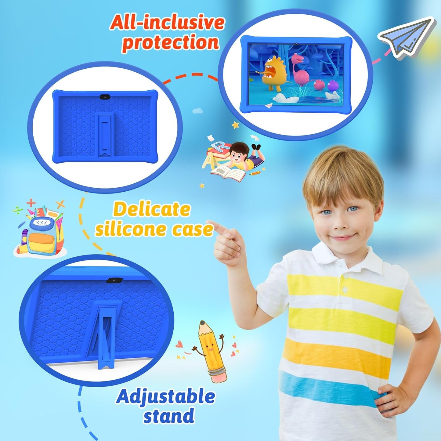 Dluxe Ave. Kids Tablet 10 inch Tablet Android 12 Tablet for Kids 4GB RAM 64GB ROM Tablets 10 inch IPS Touch Screen 1280x800 Iwawa & Parent Control kid Tablet WiFi Dual Camera 6000mAh Battery Shockproof Case