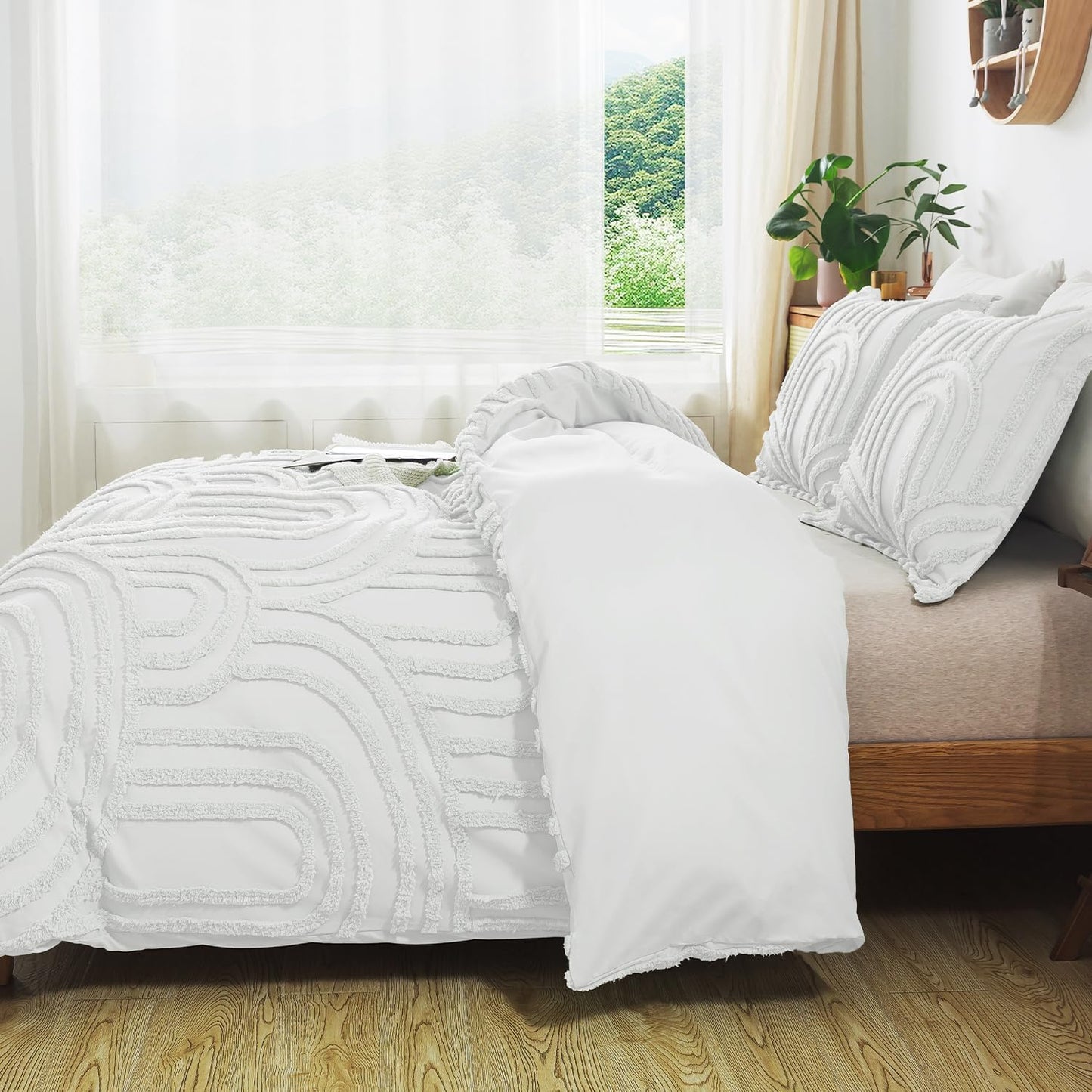 Dluxe Ave. ( TWIN ) 2 Pcs Boho {Duvet Cover} Tufted Bedding Set/ All Seasons Soft Shabby Chic Embroidery/ White