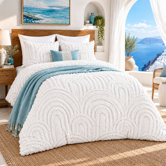 Dluxe Ave. (TWIN) 2 Pcs Boho{Duvet Cover}Tufted Bedding Set/ Soft Shabby Chic Embroidery/ White