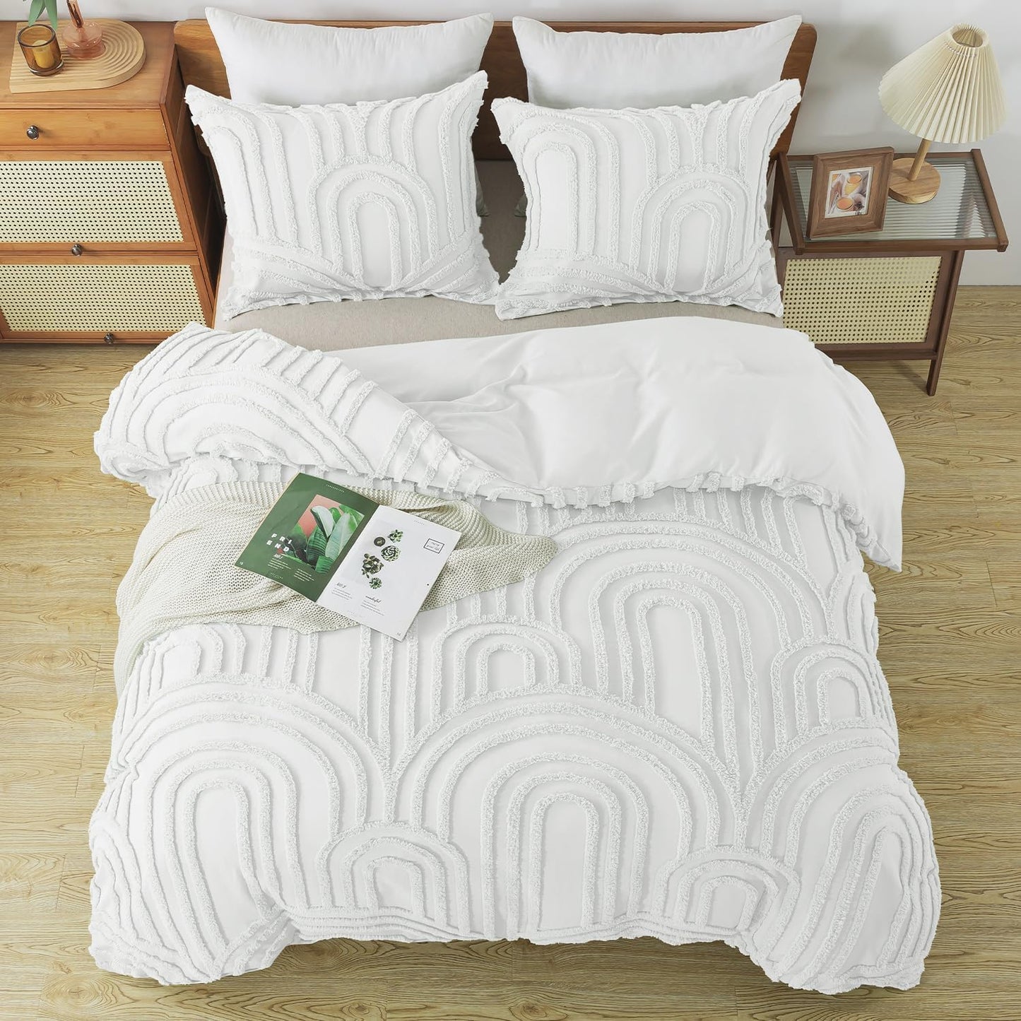 Dluxe Ave. ( TWIN ) 2 Pcs Boho {Duvet Cover} Tufted Bedding Set/ All Seasons Soft Shabby Chic Embroidery/ White