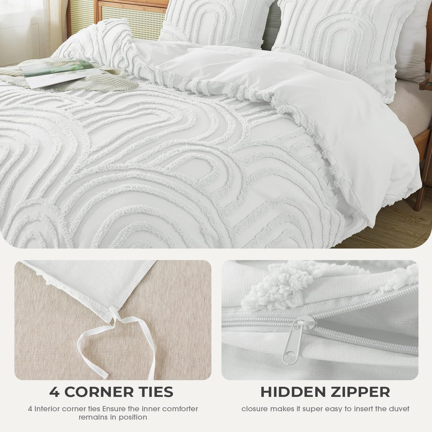 Dluxe Ave. ( TWIN ) 2 Pcs Boho {Duvet Cover} Tufted Bedding Set/ All Seasons Soft Shabby Chic Embroidery/ White