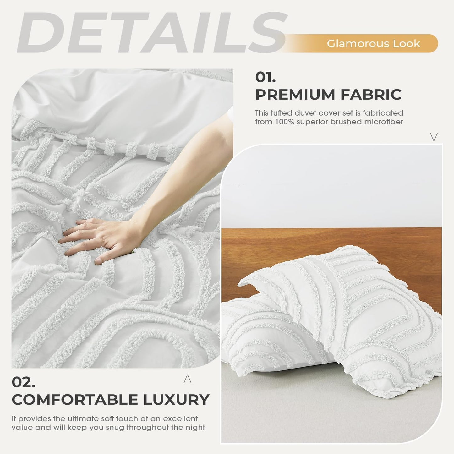 Dluxe Ave. ( TWIN ) 2 Pcs Boho {Duvet Cover} Tufted Bedding Set/ All Seasons Soft Shabby Chic Embroidery/ White
