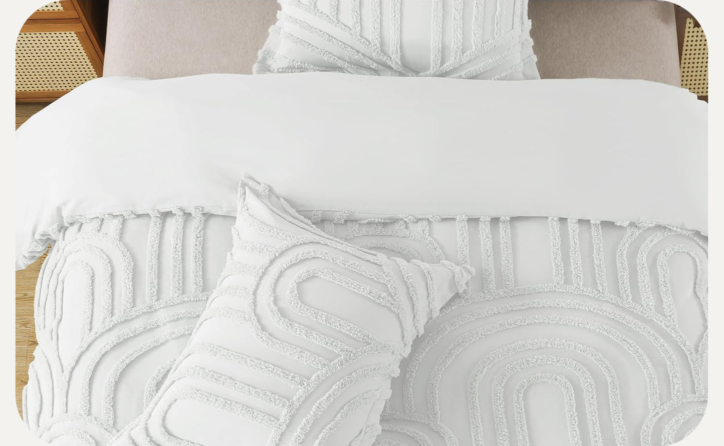 Dluxe Ave. ( TWIN ) 2 Pcs Boho {Duvet Cover} Tufted Bedding Set/ All Seasons Soft Shabby Chic Embroidery/ White