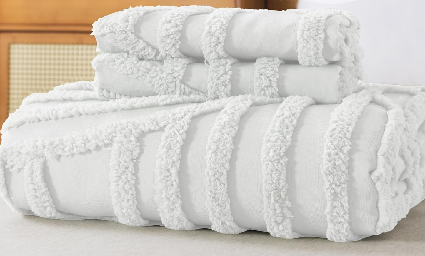 Dluxe Ave. ( TWIN ) 2 Pcs Boho {Duvet Cover} Tufted Bedding Set/ All Seasons Soft Shabby Chic Embroidery/ White