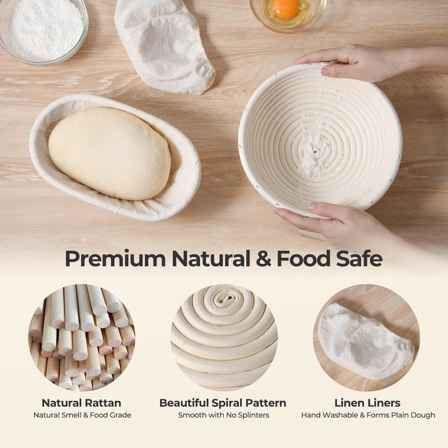 Dluxe Ave. Bread Proofing Basket Set/ 9" Round & 10" Oval with Linen Liner Fermented Cloth