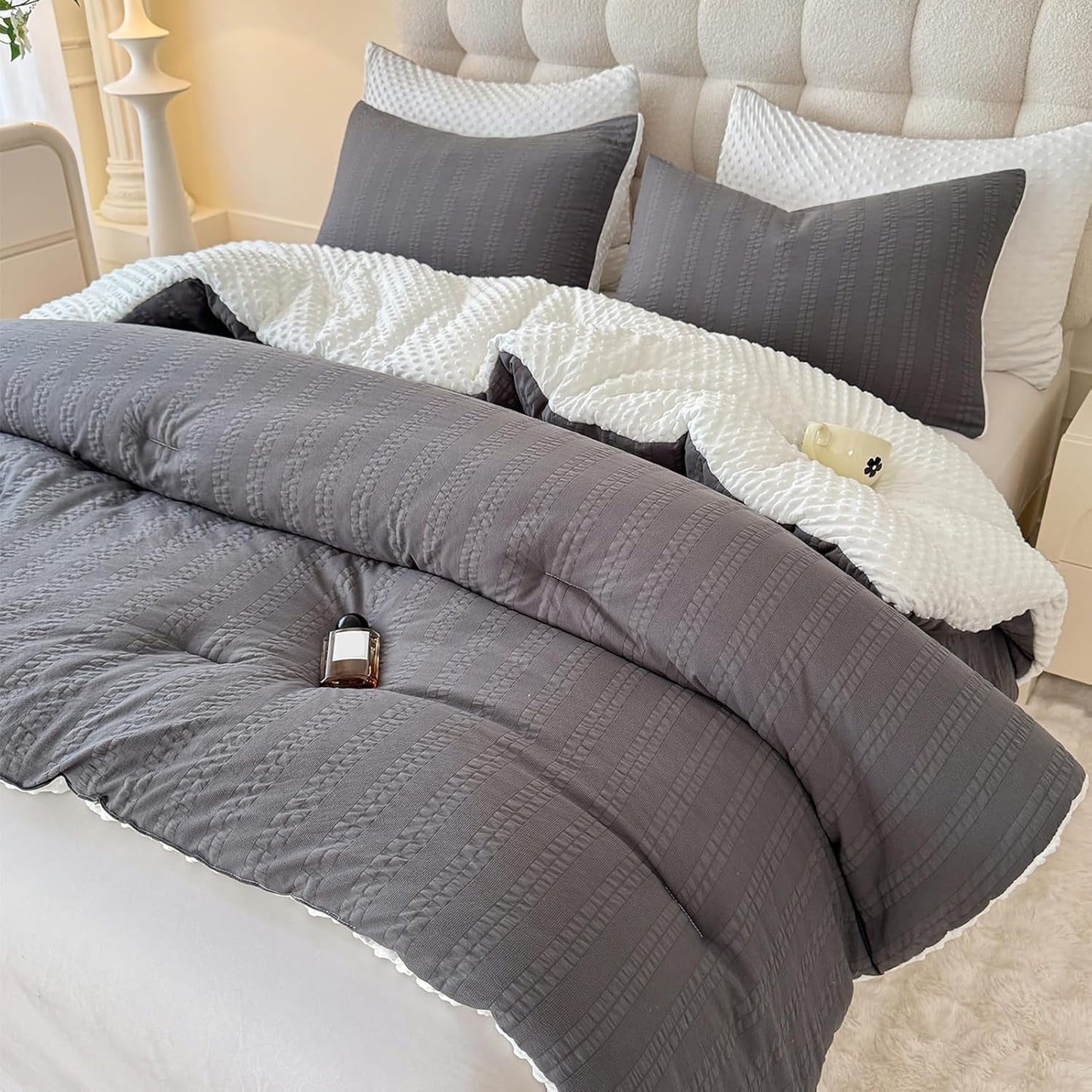 Dluxe Ave. ( TWIN ) 2 Pcs Tufted Boho Comforter Set/ for All Season/ Grey 68"X90"