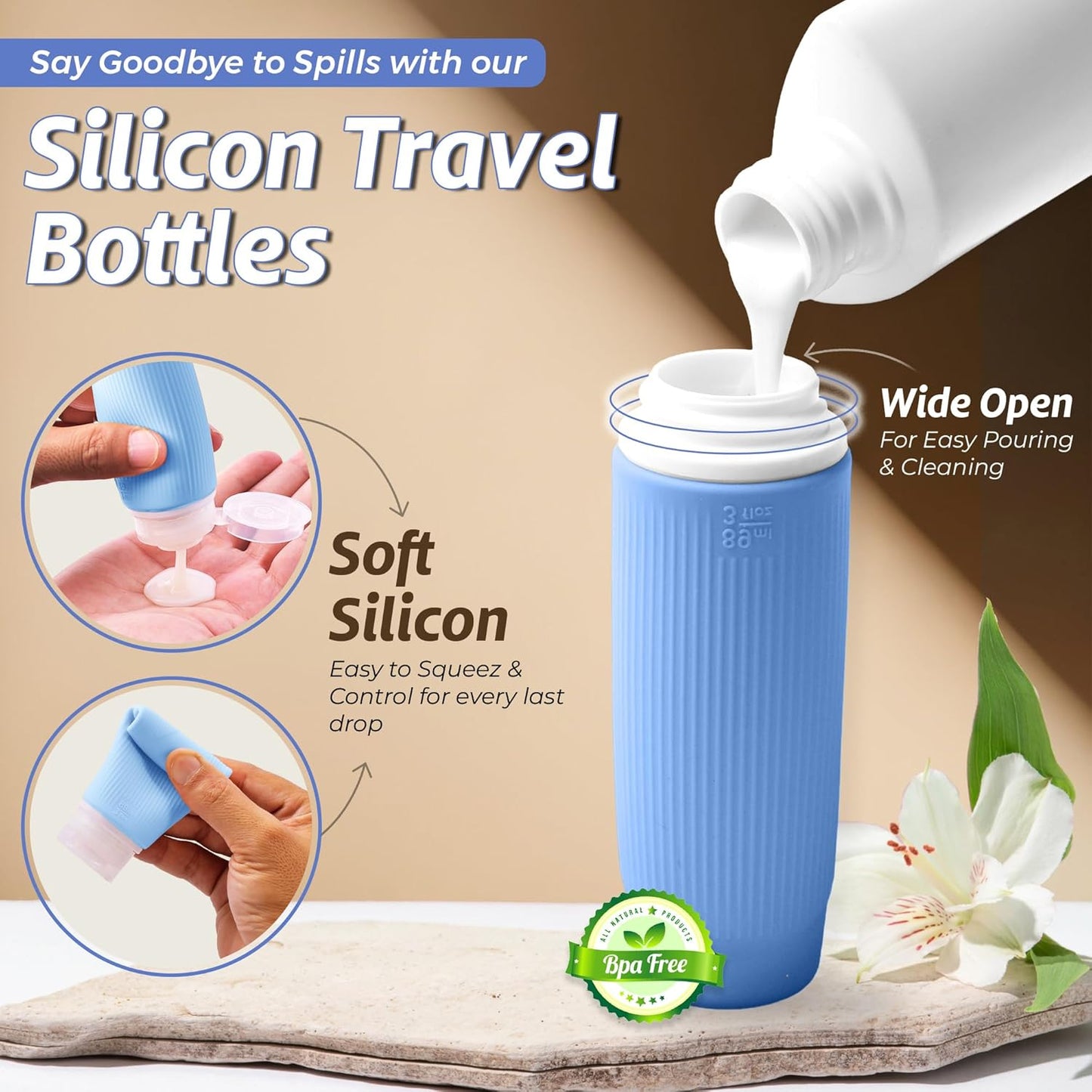 Dluxe Ave. 3 Oz Silicone Travel Bottles for Toiletries/ Set of 5 TSA Approved/ Blue