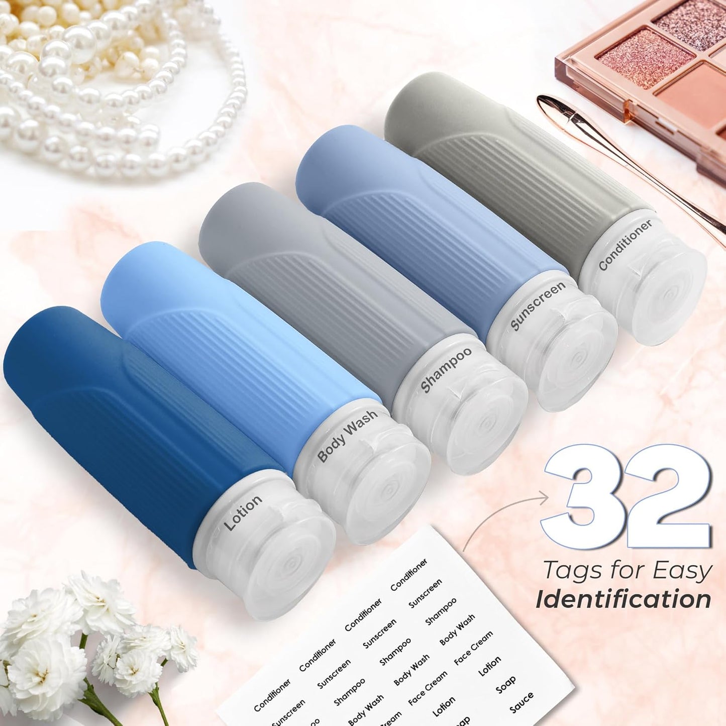 Dluxe Ave. 3 Oz Silicone Travel Bottles for Toiletries/ Set of 5 TSA Approved/ Blue