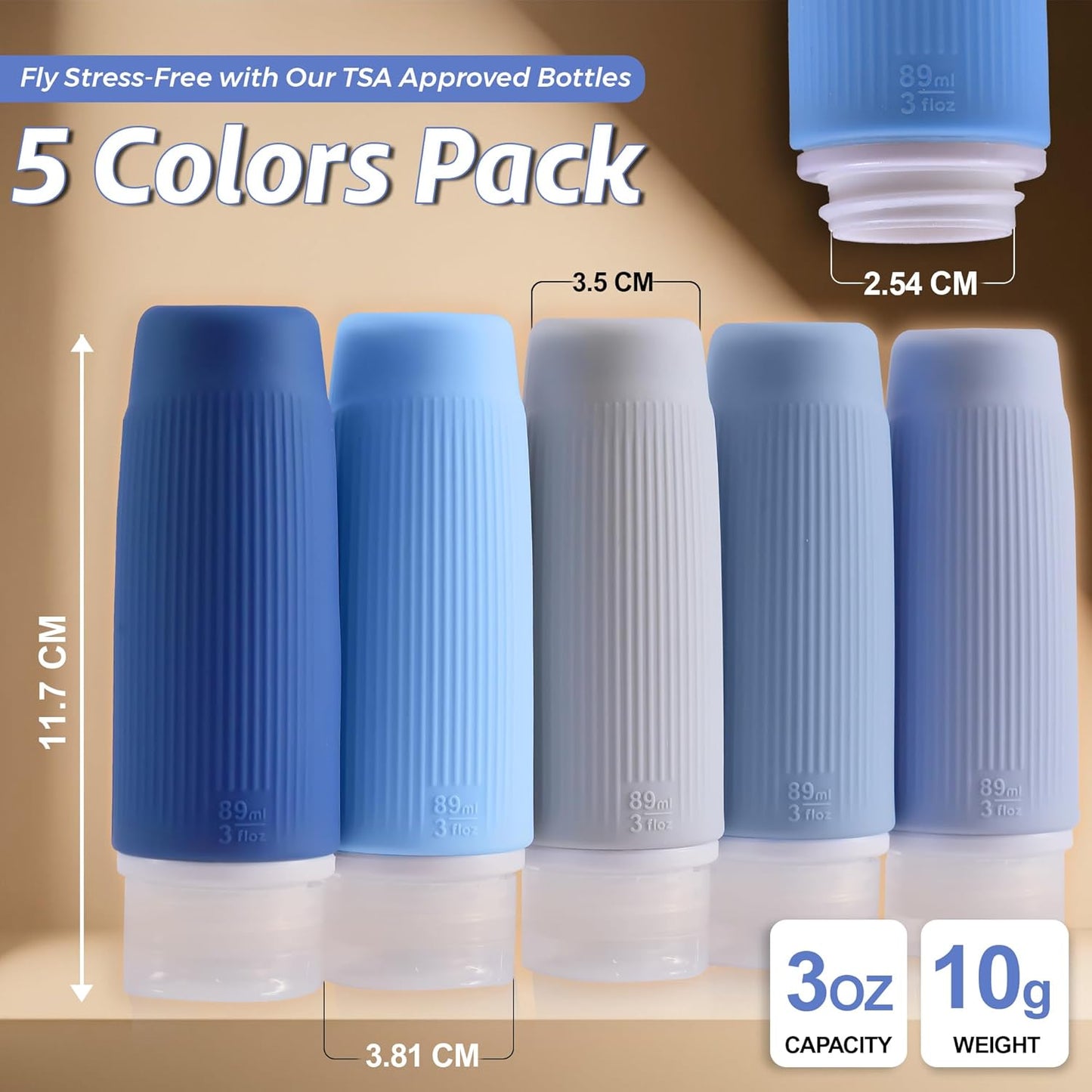 Dluxe Ave. 3 Oz Silicone Travel Bottles for Toiletries/ Set of 5 TSA Approved/ Blue