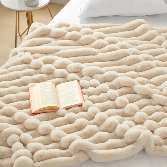 Dluxe Ave. ( TWIN )Ultra Soft Faux Rabbit Fur Striped Throw Blanket, Luxury Plush, Thick & Warm, 750GSM (Beige 60"x80")