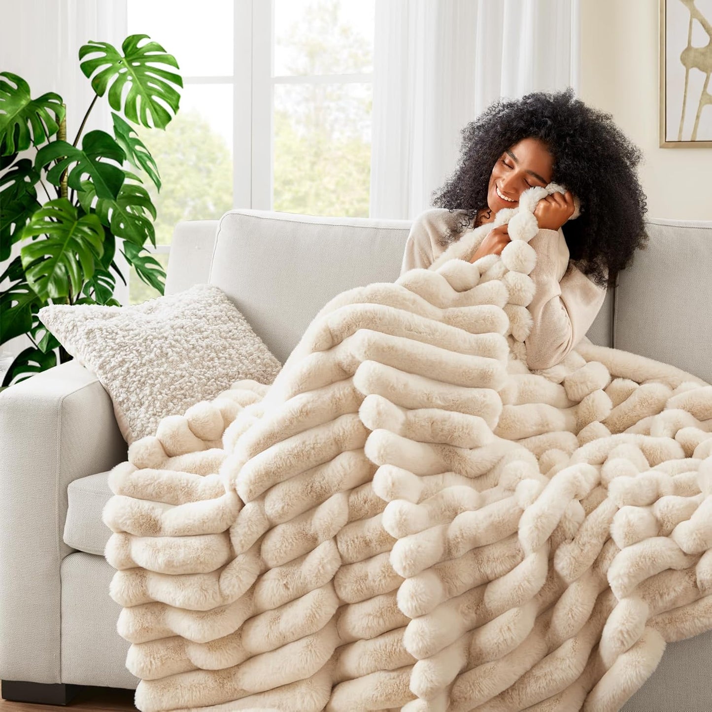 Dluxe Ave. ( TWIN )Ultra Soft Faux Rabbit Fur Striped Throw Blanket, Luxury Plush, Thick & Warm, 750GSM (Beige 60"x80")