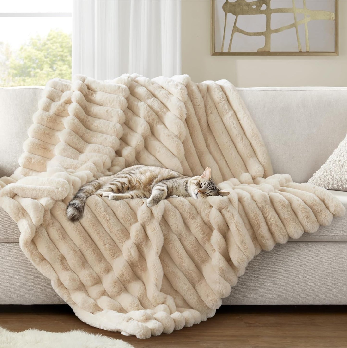 Dluxe Ave. ( TWIN )Ultra Soft Faux Rabbit Fur Striped Throw Blanket, Luxury Plush, Thick & Warm, 750GSM (Beige 60"x80")